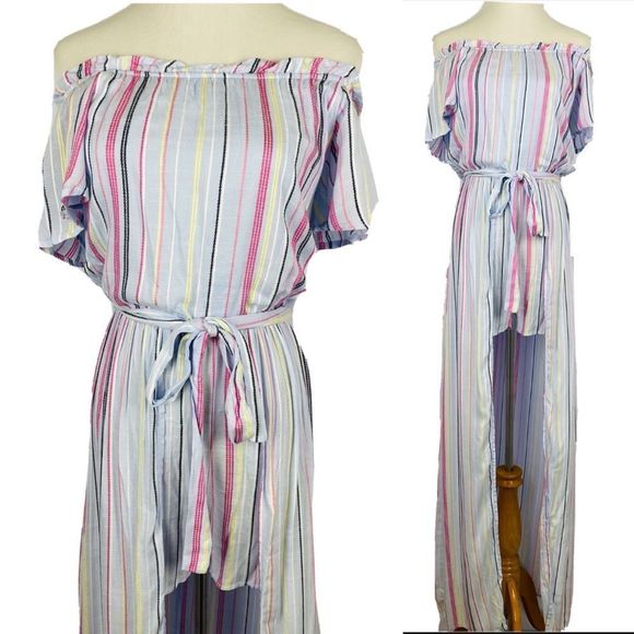 ☀️NWT MIDNIGHT DOLL Stripe Maxi Romper Off-the-Shoulder - Picture 16 of 16